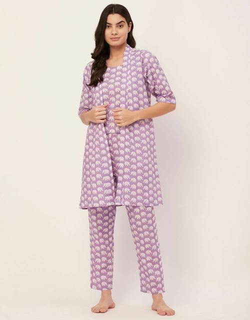 Moomaya Sleepwear, 3 Pcs Cotton Loungewear Set, Printed Top Pajama & Shrug Night Suit Set