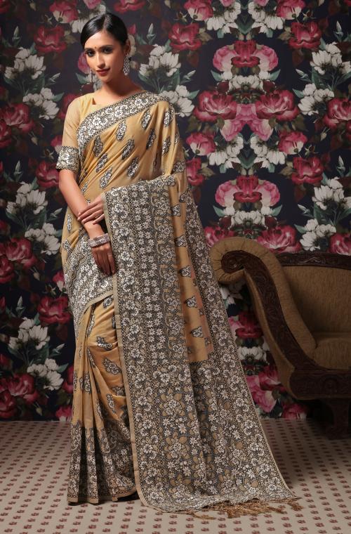 Janasya Women's Beige Linen Blend Woven Design Saree With Blouse Piece