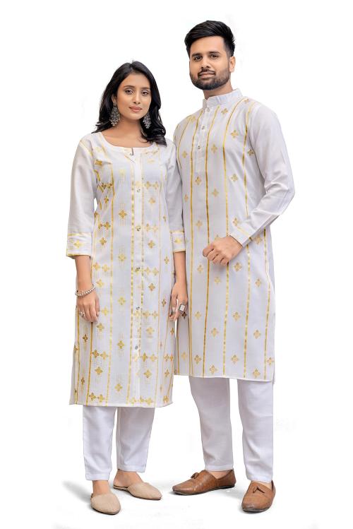Zarkle Men And Women White Foil Print Pure Cotton Couple Kurta Pajama And Kurti Pant Set (Men-L And Women-L)