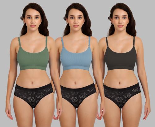 Cup’s-In Women's Green,Blue,Black Cotton Bra Panty Set for Lingerie Set Undergarments/Nightwear/Hot & Seexy for Couples Honeymoon Set/First Night/Anniversary