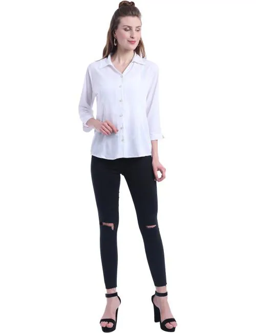 HUNOOR Womens White Solid Crepe Casual Shirt l women shirt l casual shirt for women