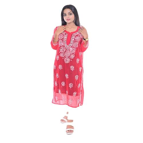 Sparkee Darkee Women Red Embroidered Georgette Lucknowi Chikan Mirror Work Kurti (Xl)