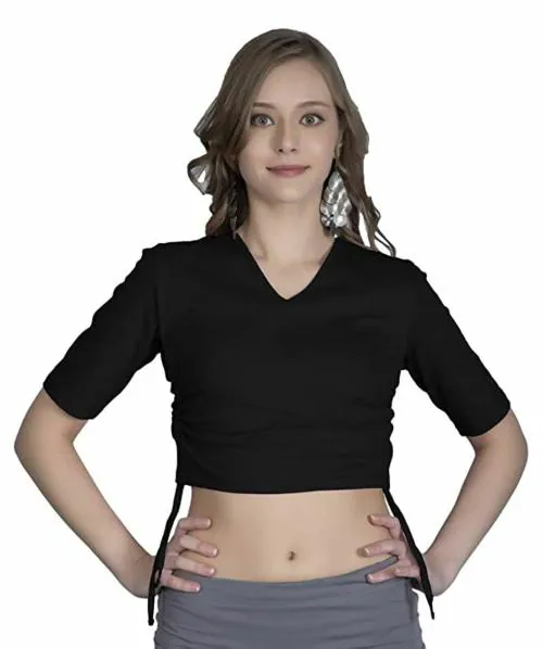 THE BLAZZE B4065 Women Cotton Deep V Neck Elbow Sleeves Adjustable Drawstring Crop Tops Black Readymade Saree Blouse for Women