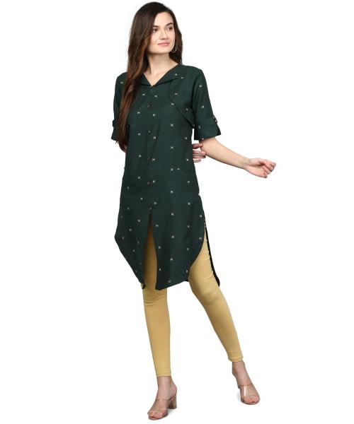 ANUSHIL Women Cotton Printed Center Slit Design V-Neck Elbow Sleeve Calf Length Kurti with Attached Koti