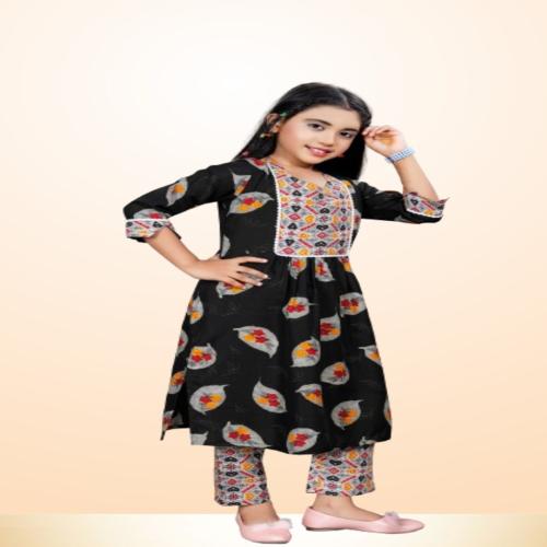 KESWI FAB Reyon Printed Nayara Cut Kurti With Pant Set For Kids Girls