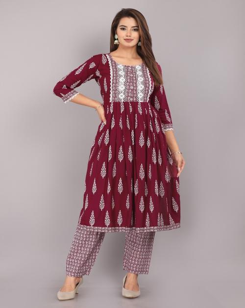 RAFINITY DESIGNERS Rayon Kurti And Pant set Traditional Wear For Function And Festival (Maroon & White) - Size: 3X-Large - RFD_3