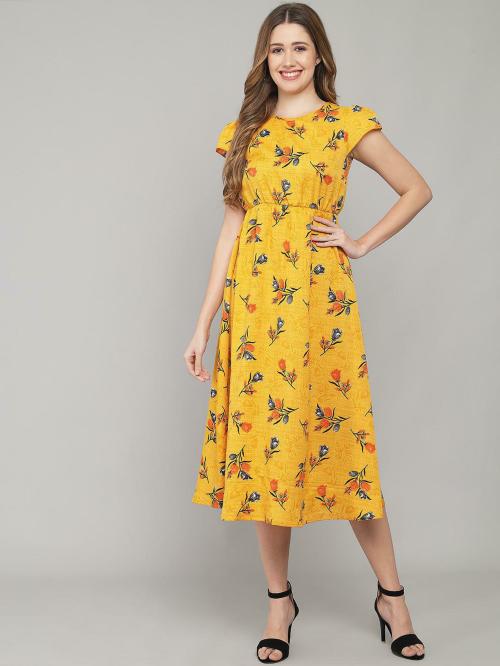 Kushi flyer Women Mustard Floral Crepe A-line Dress