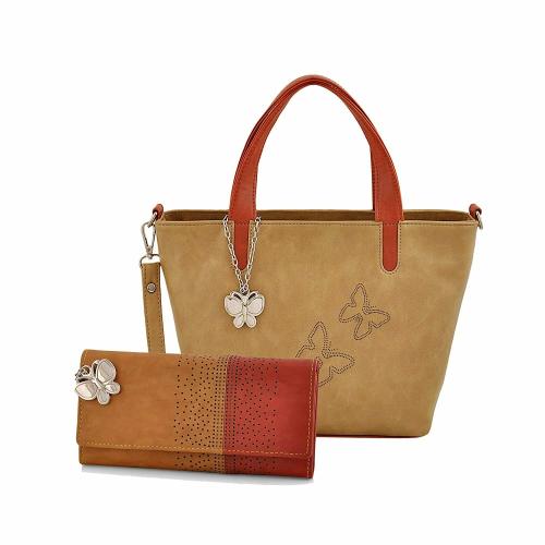 Butterflies Women Hand Bag with Wallet Combo (Beige,Tan) (BNS WB0735) (Set of 2)