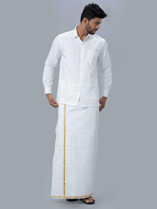 RAMRAJ Mens Soft Touch Wrinkle Free White Full Sleeve Shirt With Gold Jari 1/2 Inch Double Layer Dhoti (44)
