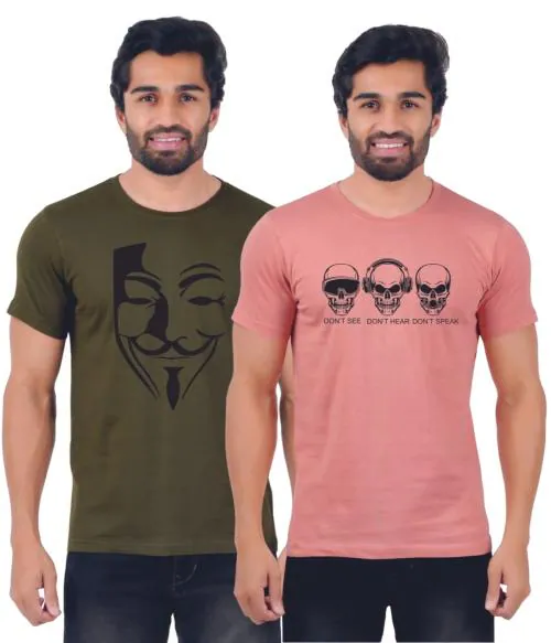 FEROCIOUS - Men's Graphic Printed T-Shirts (Pack of 2) - Olive_O.pink