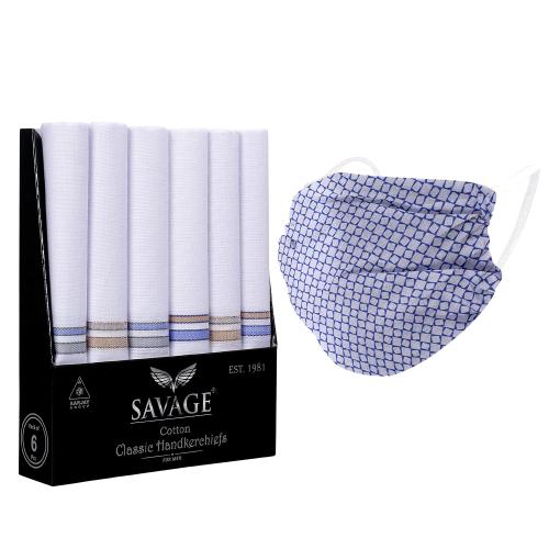 Savage White Cotton Handkerchief for Men Pack of 6 Large Size (41 cm x 41 cm) with Cotton Face Mask