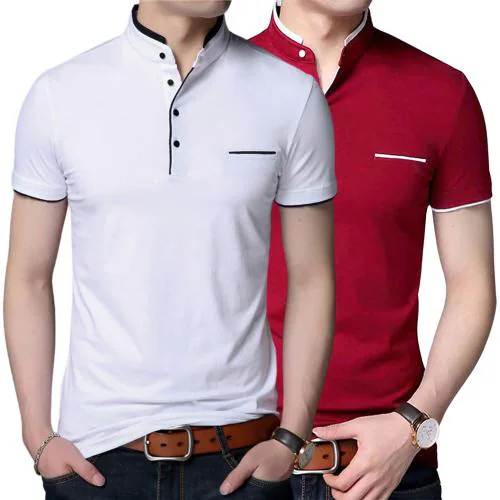 GulGuli Stylish and Handsome Half Sleeves Mandarin Collar T-Shirt for men Combo Pack of 2 (White and Red) - Small