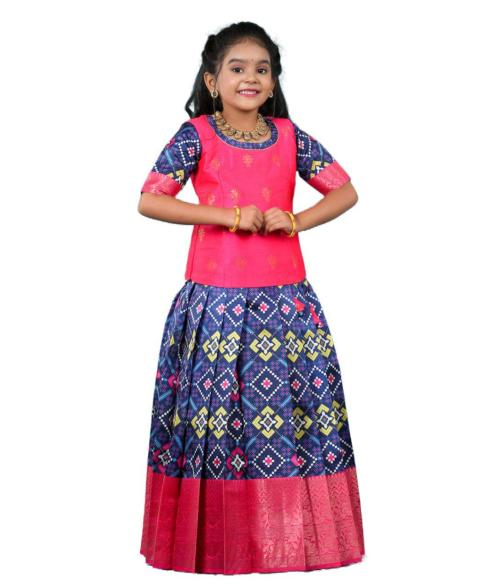 Shivangi Navy Blue Silk Patola Pattu Pavadai For Girls !!!_Blue_7-8 Y
