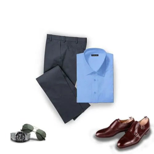 Bigreams Unstitched Cotton Sky Blue Plain 1.5 Meter Shirt And 1.25 Meter Solid Black Trouser Fabric