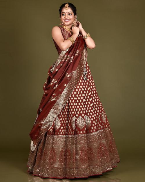 HALFSAREE STUDIO Maroon Banarasi Silk Zari Work Lehenga Choli