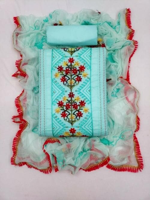 Mehzeel Fab Women Light Blue Embroidered Cotton Silk Blend Salwar Suit Material