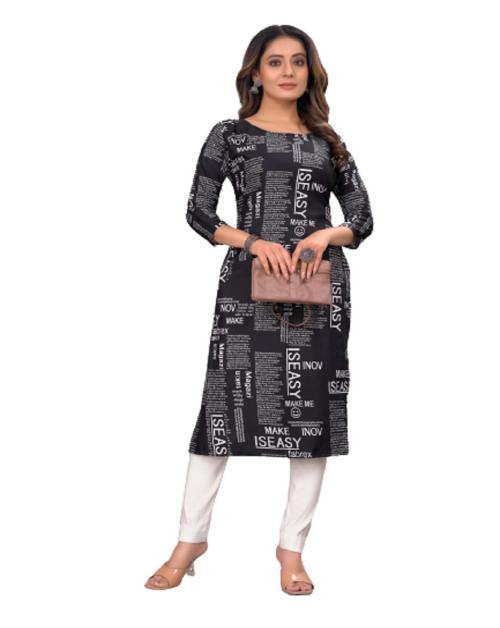 Karni Fashion News Paper Printed Crepe Straight Knee Length Women's Kurti (Black-L)