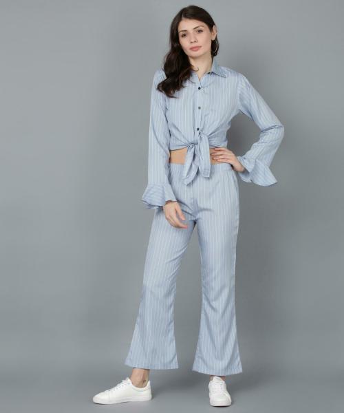 Serein women's co-ord set (Light blue striped crepe shirt with pant co-ord)