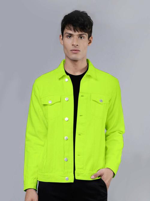 Klizen Men Green Solid Denim Full Sleeve Jacket