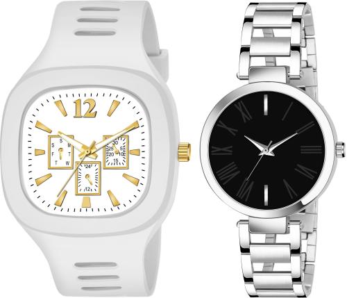 Blue Pearl Analog Black Dial White Strap Watch For Men And Women (Pack Of 2)