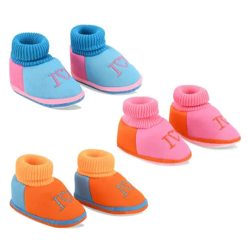 SMARTOTS Newborn Baby Shoes Booties, Combo Set Pack of 3 Skin Friendly Comfortable Baby Socks Shoes for 6-9 Months Baby Boys/Girls Color-Sky Blue, Pink & Orange
