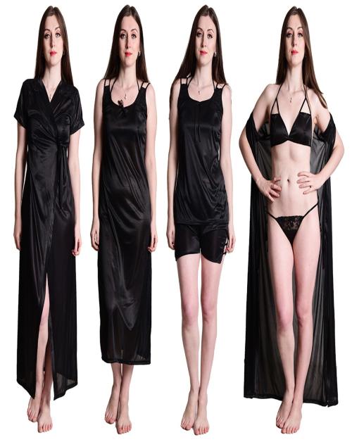Women's Black Satin Nightdress Nighty 6pc Set of Nighty, Wrap Gown, Top, Shorts, Bra & Thong