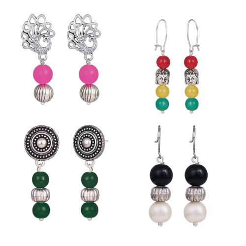 Jfl - Jewellery For Less Oxidised Floral Gold Plated Handmade Beaded Dangler Earring For Women (Combo Of 4)