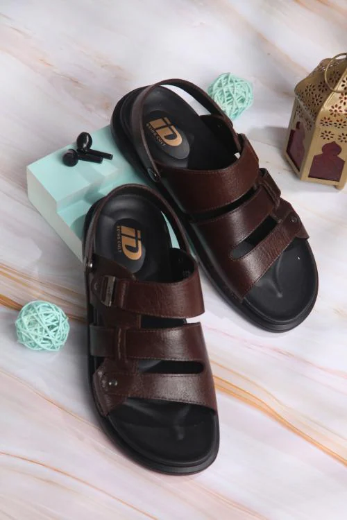 iD Men's Brown Leather Comfort-Fit Velcro Smart Casual Sandals