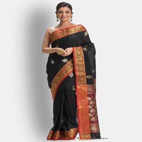Angoshobha Free Size Women Black Linen Tangail Saree