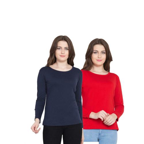 Kissero Women's Red and Navy Cotton Slim Fit Full Sleeve Round Neck Tshirt For Womens (Pack of 2)