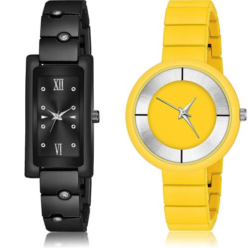 NEUTRON Modish Quartz Chain Bracelet Diamond And Simple Chain Black And Yellow Colour Analog Metal Belt 2 Watch Combo For Women And Girls - G563-G638