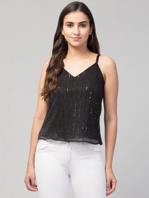 StylzIndia - Straps Sling Sparkling Spaghetti Tank Top - Black - L