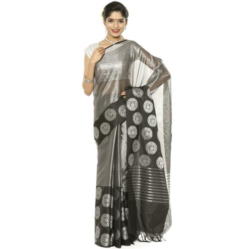 PTIEPLBanarasi Silk Works Black Silver Zari Kanchi Silk Tanchoi Meena Banarasi Saree