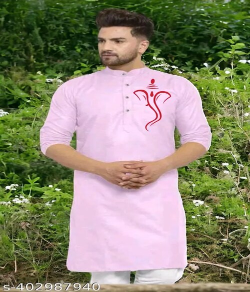 FOOTPAID Men Printed Cotton Blend Straight Kurta Panjabi-Size-L-Light Pink