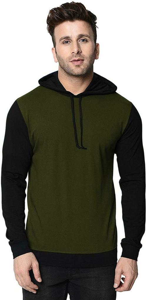 THE BLAZZE Men Army Green, Black Color Block Polyester Hooded Neck T-Shirt (Extra Large)