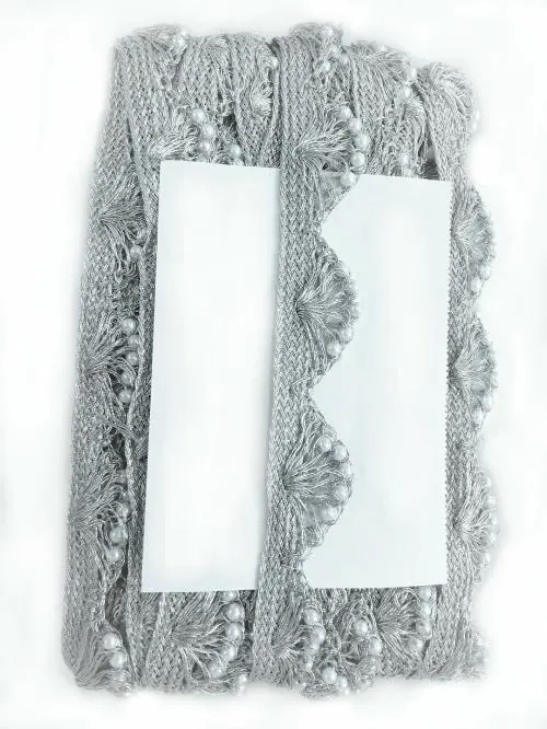 Handmade Moti Pearl Beads Pankh Border Lace for Bridal Dresses, Sarees, Lehengas (Silver)