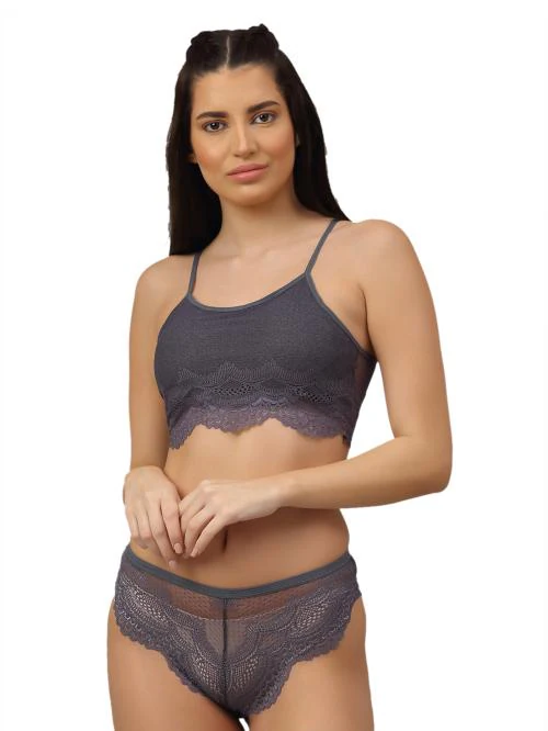 Buy PrettyCat Orange Self Design Lace Bra & Panty Set For Women
