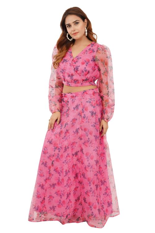 Edla Floral Printed Organza Skirt Top Set for Women And Girls , (Pink , S)