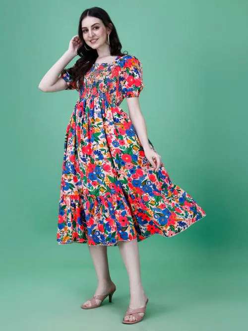 UNSORT floral print puff sleeve applique crepe formal a-line midi dress-elegant women's multi floral cut-out maxi dress, western dresses, dresses for women fit and flare dress-maxi dress-maxi gown-women gown-1pc (Size-M)
