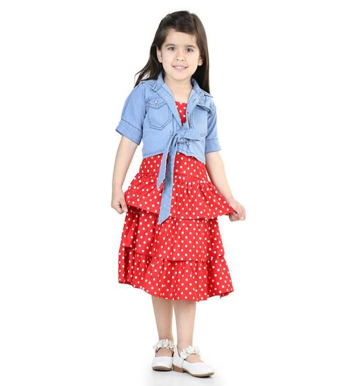 Hauppers Red Polka Dot Dress With denim Jacket For Girls - 4-5 years