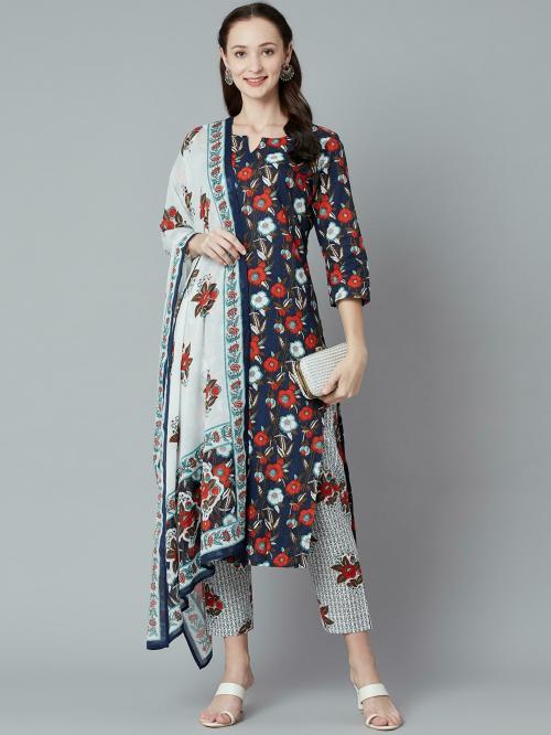 Piroh Womens Pure Cotton and Cotton Voile Dupatta Floral Print Straight Kurta Trouser Dupatta set (Blue & White) | kurta set women| kurta set| kurta set for women| kurta suit sets| women kurta set
