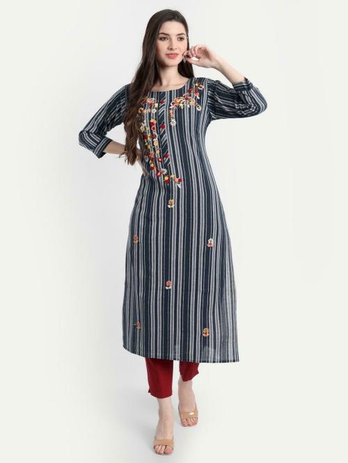 SIYANIC Women Navy Striped Khadi Cotton Women Straight Kurta 4XL