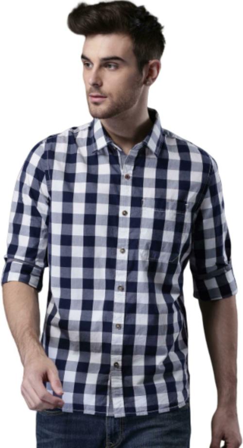 BASE 41 Men Dark Blue Checkered Pure Cotton Casual Shirts
