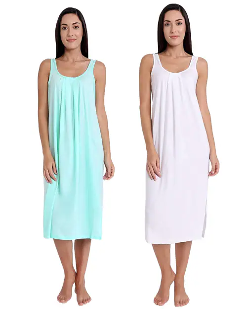 TWGE Cotton Full Length Camisole for Women - Long Inner wear Petticoat - Plus Size Nighty - Kurti and Suit Slip - White & Aqua Pack of 2
