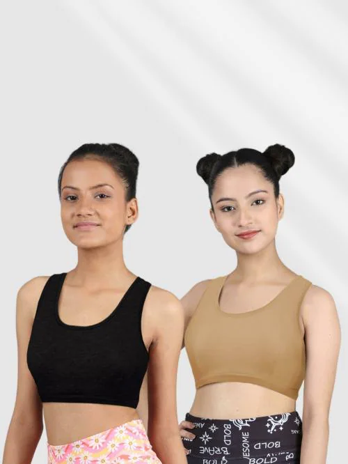 Dchica Girls Set Of 2 Non Wired Non Padded Uniform Beginner Bras Black & Nude