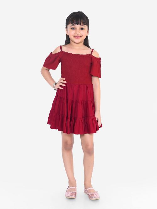 Naughty Ninos Girls Maroon Solid Cotton Blend A- Line Dress