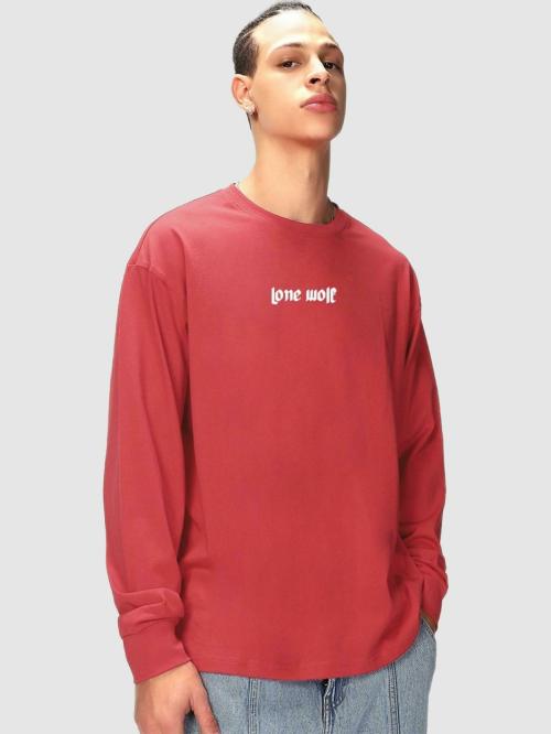 Bewakoof Men's Red Graphic Print Round Neck Full Sleeve Oversized T-Shirt