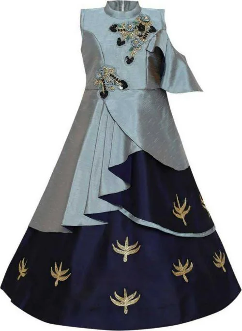 Naarz Fashion Girls Grey Silk Blend Maxi Gown Dress (8 to 9 Years)