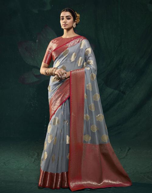 Satrani Organza Grey & Gold Color Saree with Blouse piece