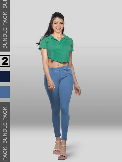 Lyra Women's Solid Light Blue & Dark Blue Colour Combo Denimz Flexi Pant ( Pack Of 2 ) (Ice Blue & Indigo Blue)
